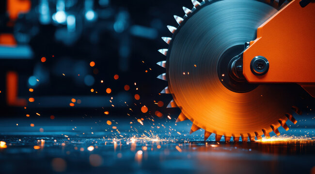 Close up of industrial circular saw in motion, creating sparks and showcasing its powerful blade. vibrant colors and dynamic action evoke sense of energy and precision