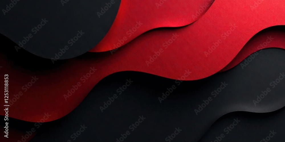 Poster abstract red and black layered paper design with undulating waves and textural depth