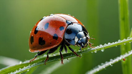 Fototapeta premium Micro photography of on a Blade of Grass: Nature's Tiny Marvel. Generative AI.