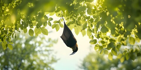 Soft green leaves blending into a serene summer sky with a bat hanging upside down in a shady tree.