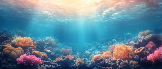 Fototapeta premium Underwater Coral Reef With Sunlight