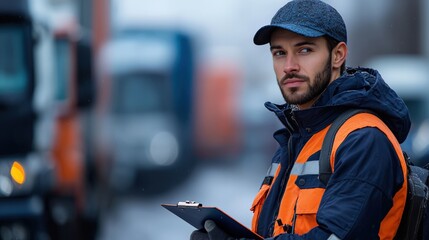 Young Male Truck Driver in Safety Gear Monitoring Logistics Operations