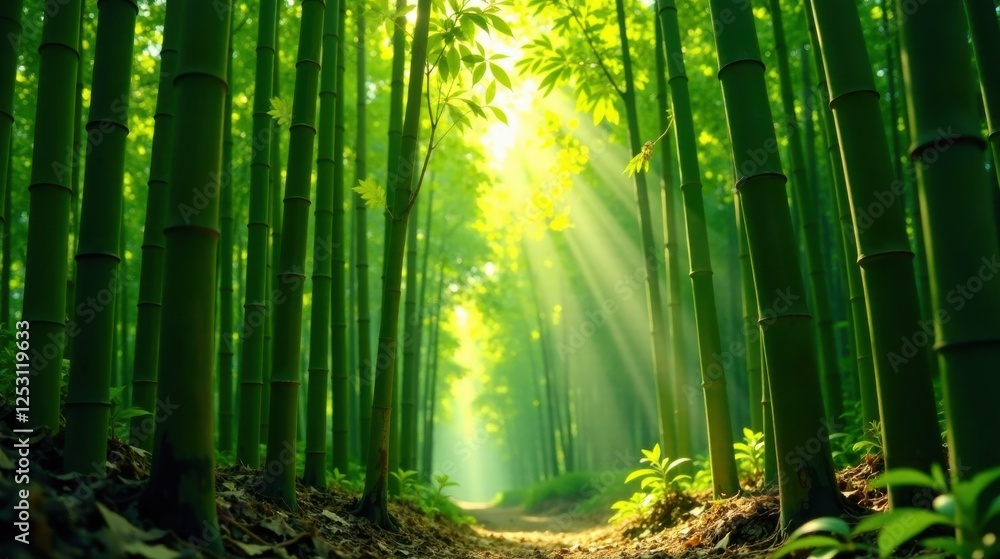 Poster serene path through a lush bamboo forest bathed in sunlight, creating a tranquil and peaceful atmosp