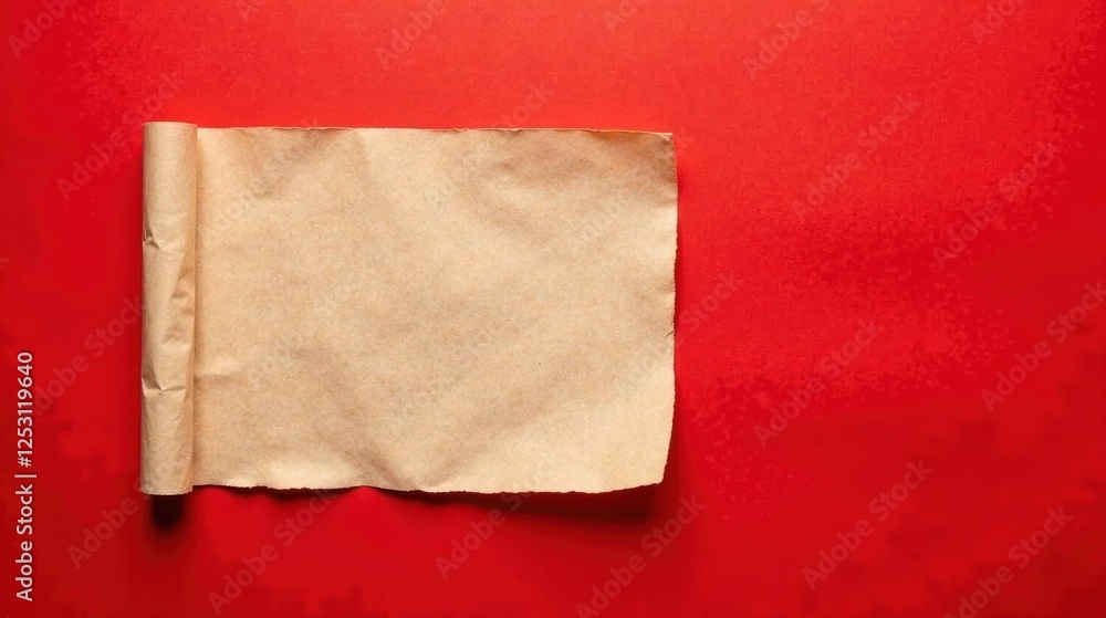 Poster Unfurled parchment scroll on vibrant red backdrop, presenting a blank canvas for written expression or artistic design