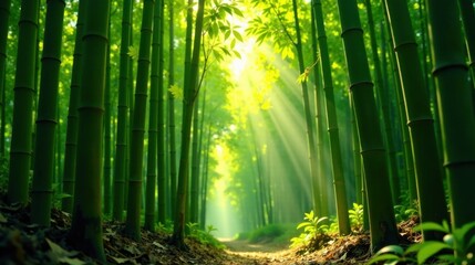 Fototapeta premium Serene Path Through a Lush Bamboo Forest Bathed in Sunlight, Creating a Tranquil and Peaceful Atmosphere