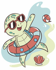 Obraz premium Cool Cartoon Sea Turtle with Sunglasses, Lifebuoy, and Tropical Drink - Perfect for Summer Designs.