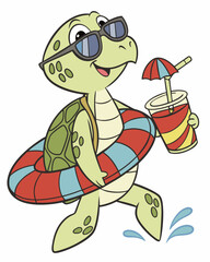 Obraz premium Cool Cartoon Sea Turtle with Sunglasses, Lifebuoy, and Tropical Drink - Perfect for Summer Designs.