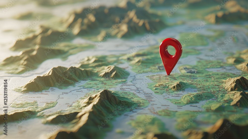 Poster A digital 3D rendering of a detailed topographic mountain map with a prominent red marker pin highlighting a specific location