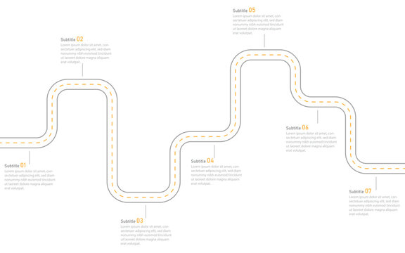 Business Timeline 7 Annual Business Milestones. Infographic roadmap design template. Business Presentation, Planning and Project. Vector Illustration.