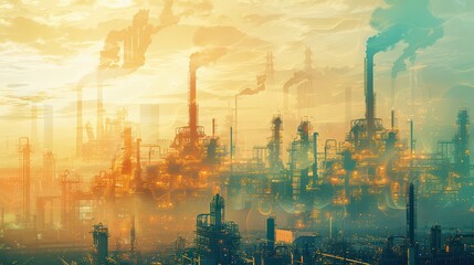 Future factory plant and inventive energy industry concept in creative graphic design. Oil, gas and petrochemical refinery factory with hologram showing next generation of power and energy business.