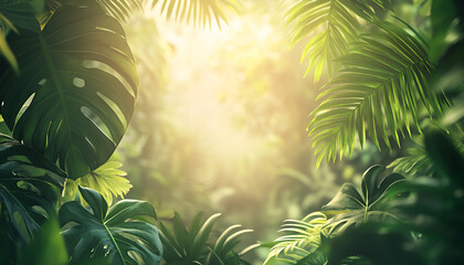 Naklejka premium Lush tropical foliage with sunlit background for nature-themed designs