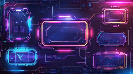 Game stream frames. Glow theme for live conference of gaming streamers, hud frame twitch streaming media gamer broadcast webcam box video screen, garish vector illustration of game screen futuristic