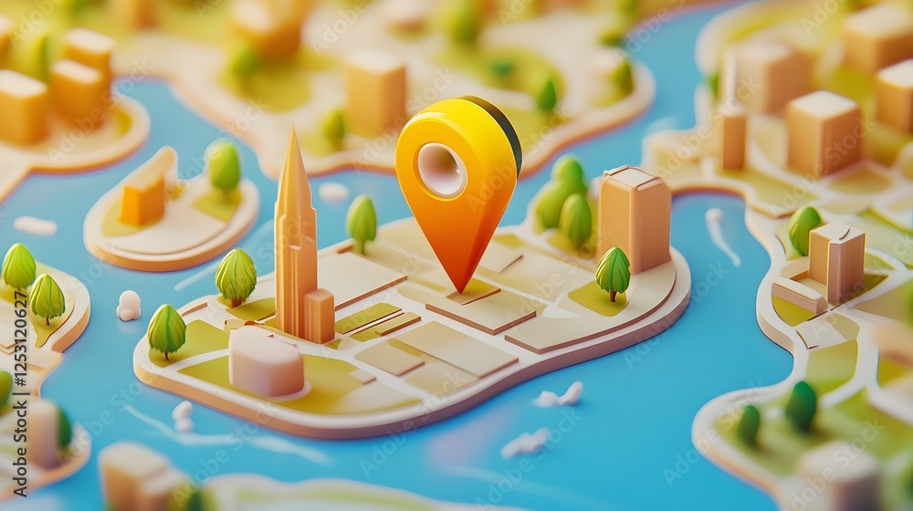 Leinwandbilder A highly detailed 3D rendered city map with a navigation pointer highlighting the urban development architecture and infrastructure of a modern metropolitan area
