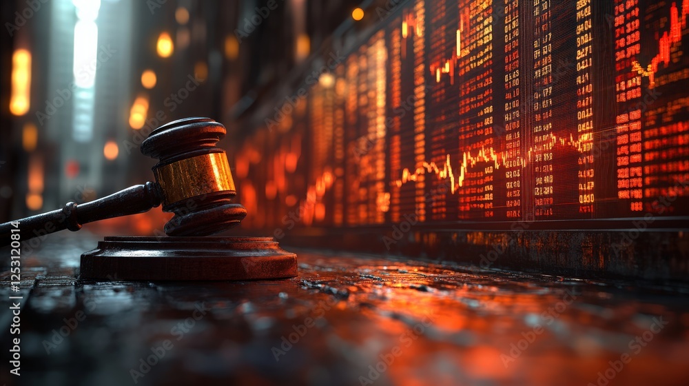 Poster a gavel rests on a reflective surface in a dimly lit room with stock market data in the background