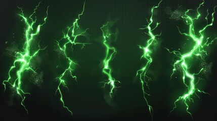 Glowing green lightnings. Electric storm, power thunder lightening glow effect magical circle energy neon light glowing cracks electrician thunderbolt