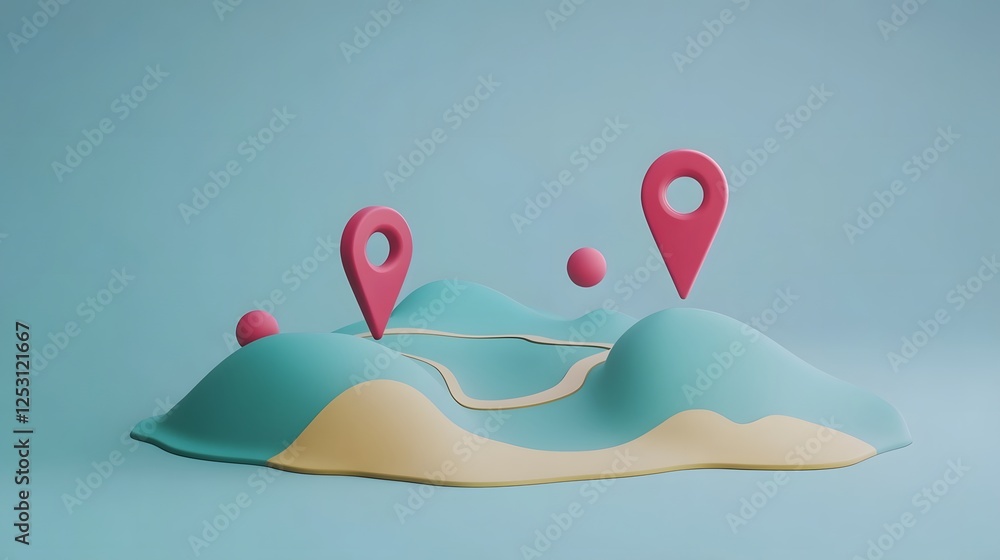 Poster A serene landscape with rolling hills and mountains is adorned with colorful map markers guiding the way for adventurous discovery  The markers point to various locations destinations and directions