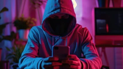 Hacker or phone scammer in hood hacking at computer and mobile smartphone in dark room