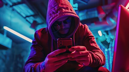 Hacker or phone scammer in hood hacking at computer and mobile smartphone in dark room