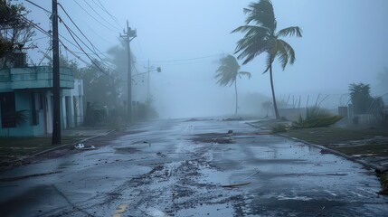 A street with a lot of debris and a palm tree in the background