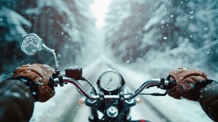 Hand in glove on motorcycle handlebar in winter, free space for insertion