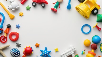 A collection of toys and trinkets are spread out on a white background