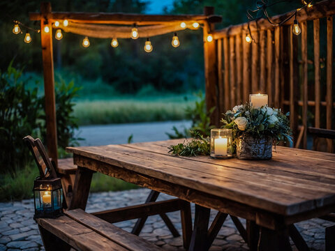 Cozy outdoor romantic setup with a rustic wooden table softly illuminated by peaceful evening lights.