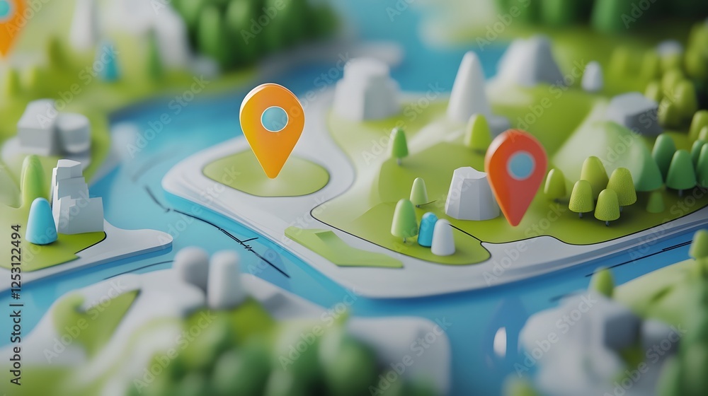 Poster A stylized 3D map featuring colorful terrain roads and GPS location markers highlighting various travel routes landmarks and destinations  The minimalist digital art style creates a modern