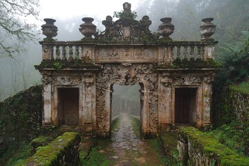 Fototapeta premium Mossy stone archway in foggy forest path