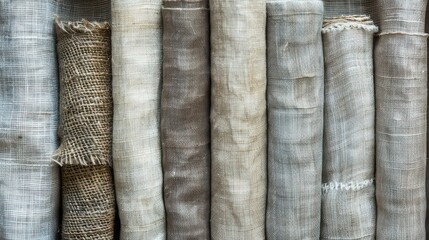 Linen fabric rolls arranged in a row, ideal for banners or poster