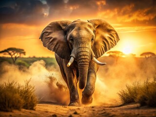 Fototapeta premium Powerful Charging Elephant in Dusty African Savannah Landscape