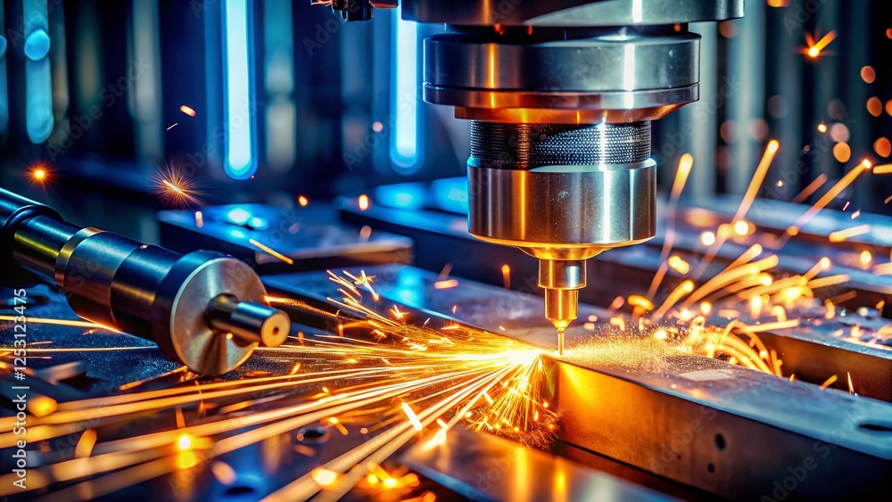 Poster precision at night: close-up cnc machine in operation stock photo