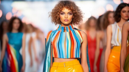 Obraz premium Fashion models marching for equal rights at a pride parade, celebrating diversity and inclusion