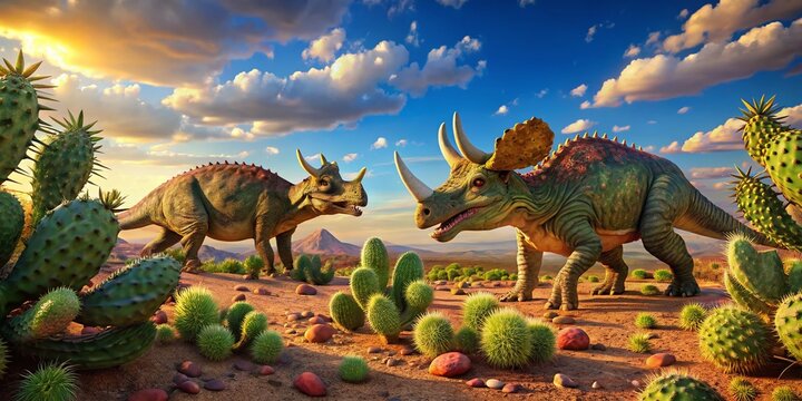 Prehistoric Feast: Zuniceratops Dinosaurs Enjoying Desert Cactus in 3D