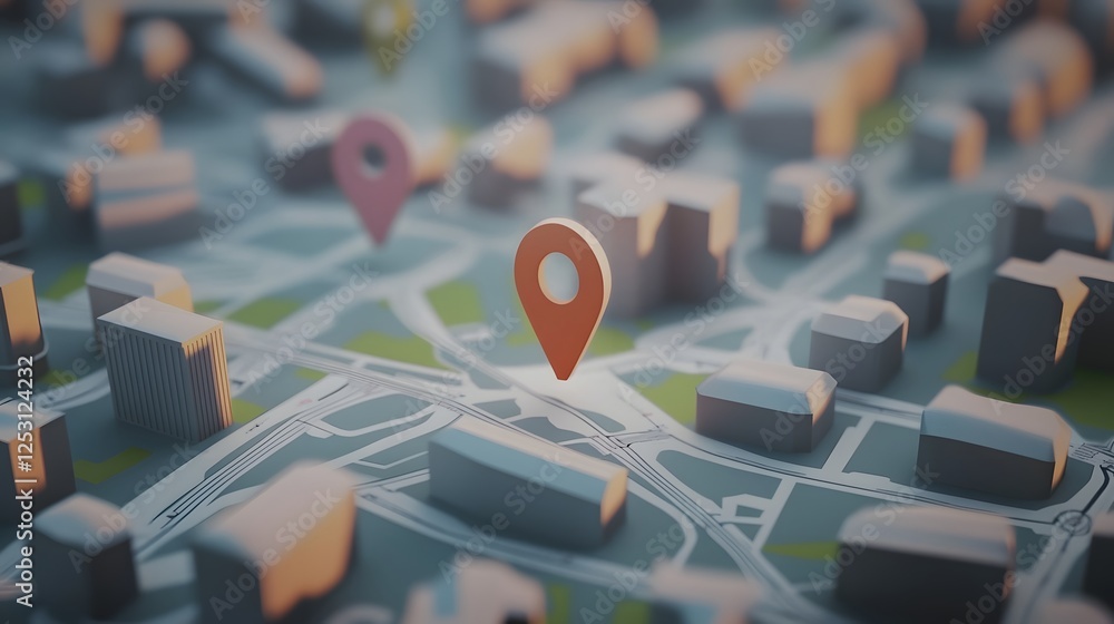 Leinwandbilder Abstract 3D city map with navigation pins and route lines representing urban infrastructure transportation network and location based data visualization