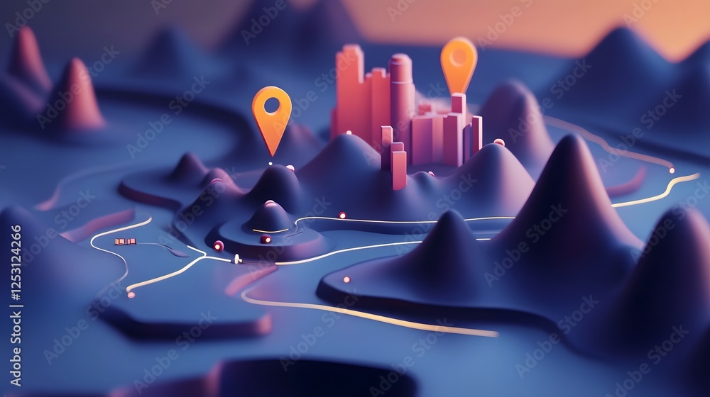 Poster abstract 3d futuristic landscape with a winding path navigation markers and a modern cityscape in th