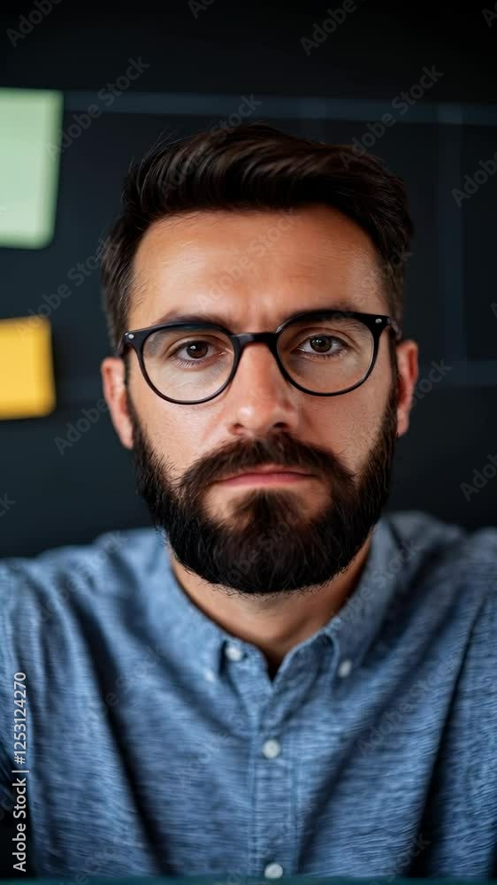 Poster thoughtful man with beard and glasses posing in front of colorful notes and markers on a wall