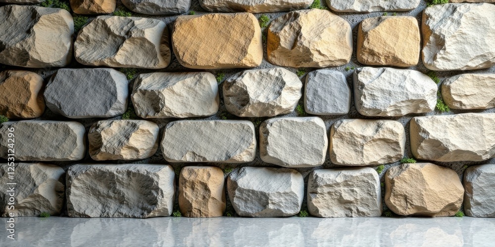 Poster Rustic Stone Wall Texture with Subtle Plant Life Detailing a Natural and Textured Background for Design Projects