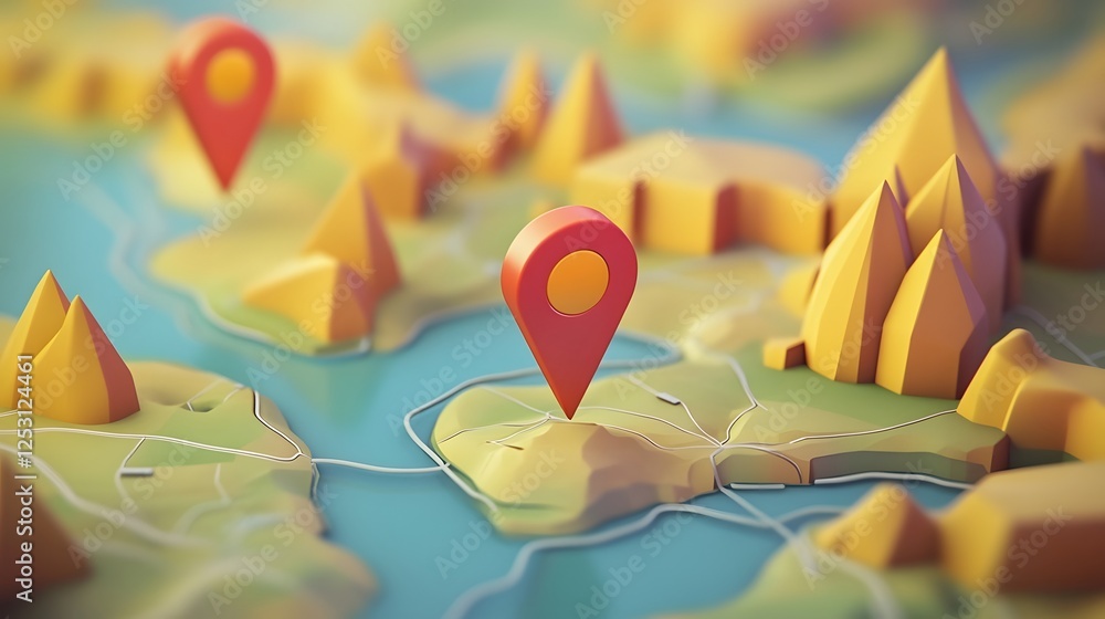 Poster Abstract cartographic landscape with navigational pinpoints symbolizing strategic planning  Vibrant colors geometric shapes and a textured terrain create a visually striking and conceptual design