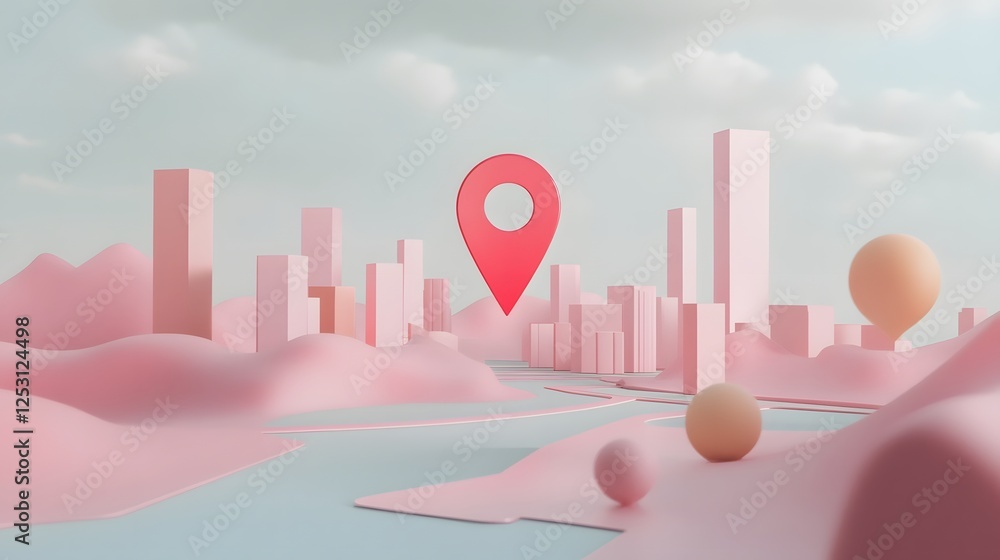 Aufkleber Abstract digital 3D rendering of a minimalist and futuristic city skyline in pink and pastel colors featuring geometric shapes like cubes spheres and architectural skyscrapers