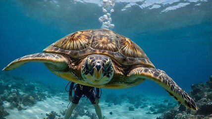 A diver swimming alongside a giant sea turtle in crystal-clear waters, illustrating the peaceful coexistence of humans and marine life

