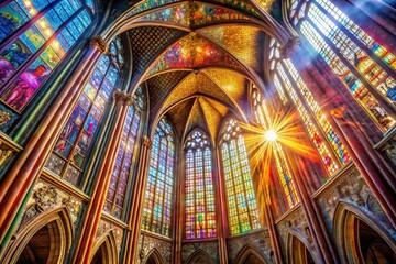 Obraz premium Radiant Sunlight Illuminates Historic Cathedral Stained Glass Windows