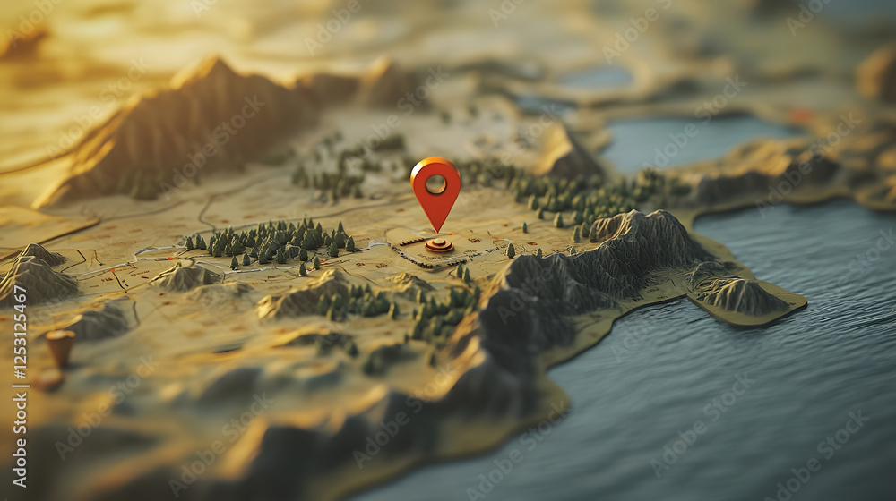 Poster aerial 3d rendered view of a rugged mountainous terrain with cliffs valleys and an ocean coastline f