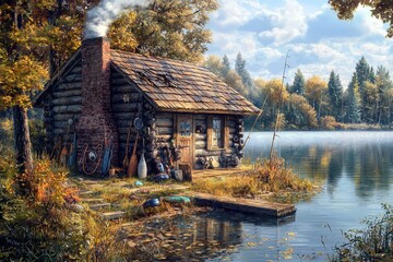 Cozy rustic fishing cabin by a serene lake surrounded by autumn foliage and fishing gear