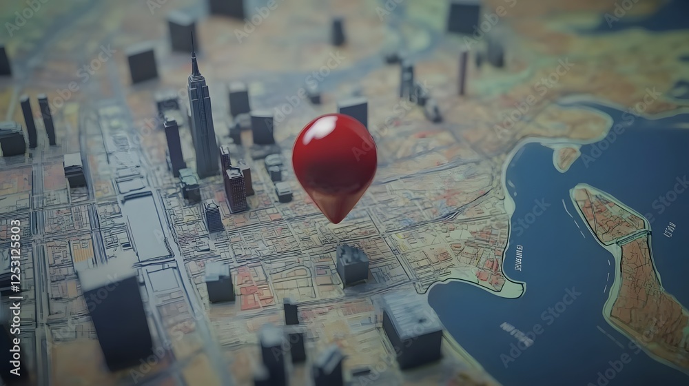 Poster Aerial cityscape view of a modern urban metropolis with a red navigation pin marking a specific destination or location on the detailed geographical map below