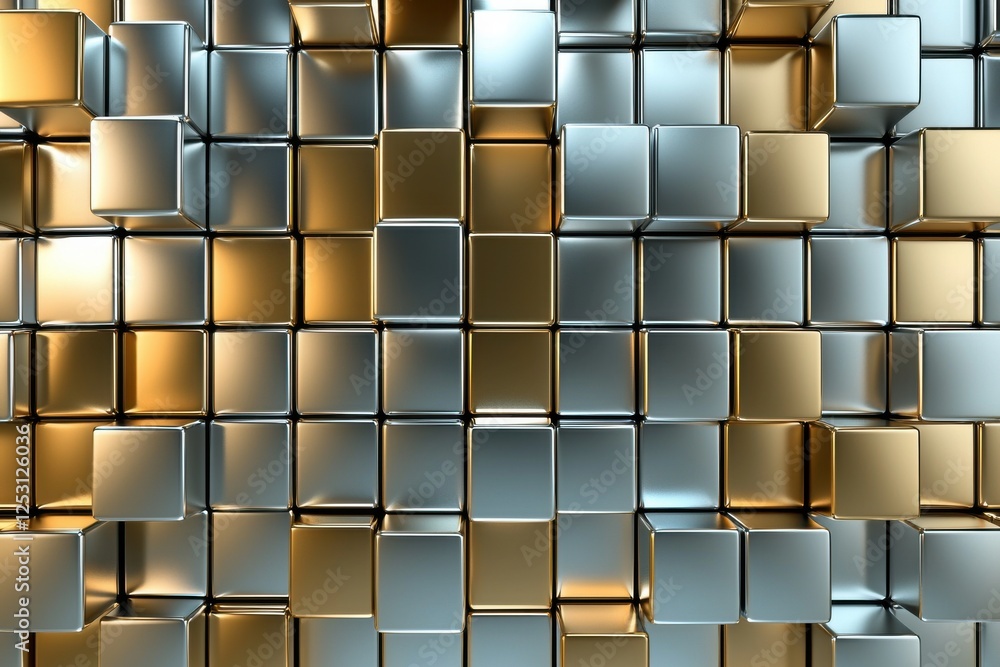 Poster floating 3d metallic cubes arranged in seamless pattern showcasing gradient gold and silver tones on