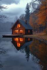 Fototapeta premium Illuminated Log Cabin on Calm Autumn Lake at Dusk