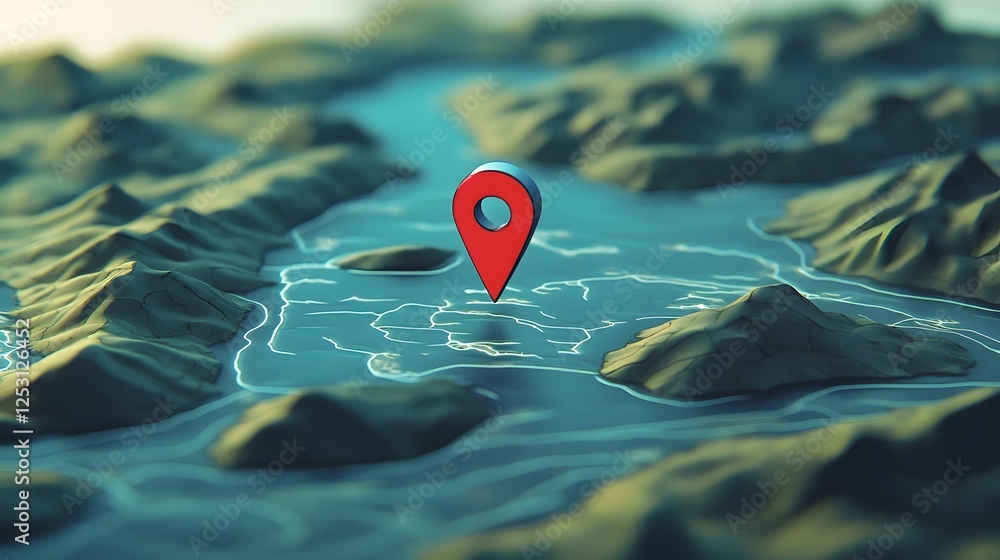 Poster aerial drone shot of a rugged mountainous landscape with a red gps map marker pinpointing the locati