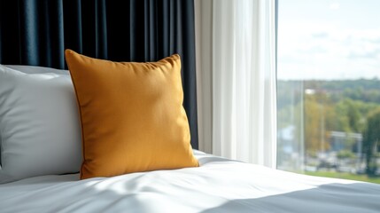 A pastel blue cushion adorns a sunlit bed, casting soft shadows and creating a tranquil, inviting atmosphere.