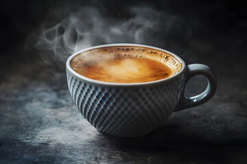 A refined coffee cup with an understated design and textured surface, filled with a robust brew that exudes warmth and gentle vapor.