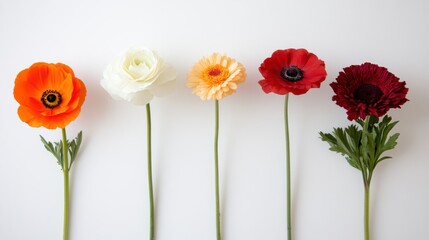 Obraz premium Five vividly colored blooms, ranging from red to white, are elegantly displayed against a pristine white background, reflecting natural beauty and simplicity.